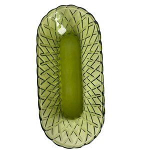 Vintage Indiana Green Avocado Glass Oval Bread Tray Diamond Lattice Pattern